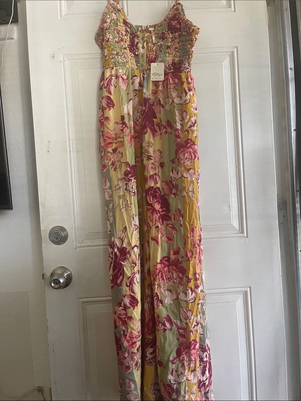 Free People Floral Smocked Wide-Leg Jumpsuit in Pink and Yellow - Picture 2 of 5